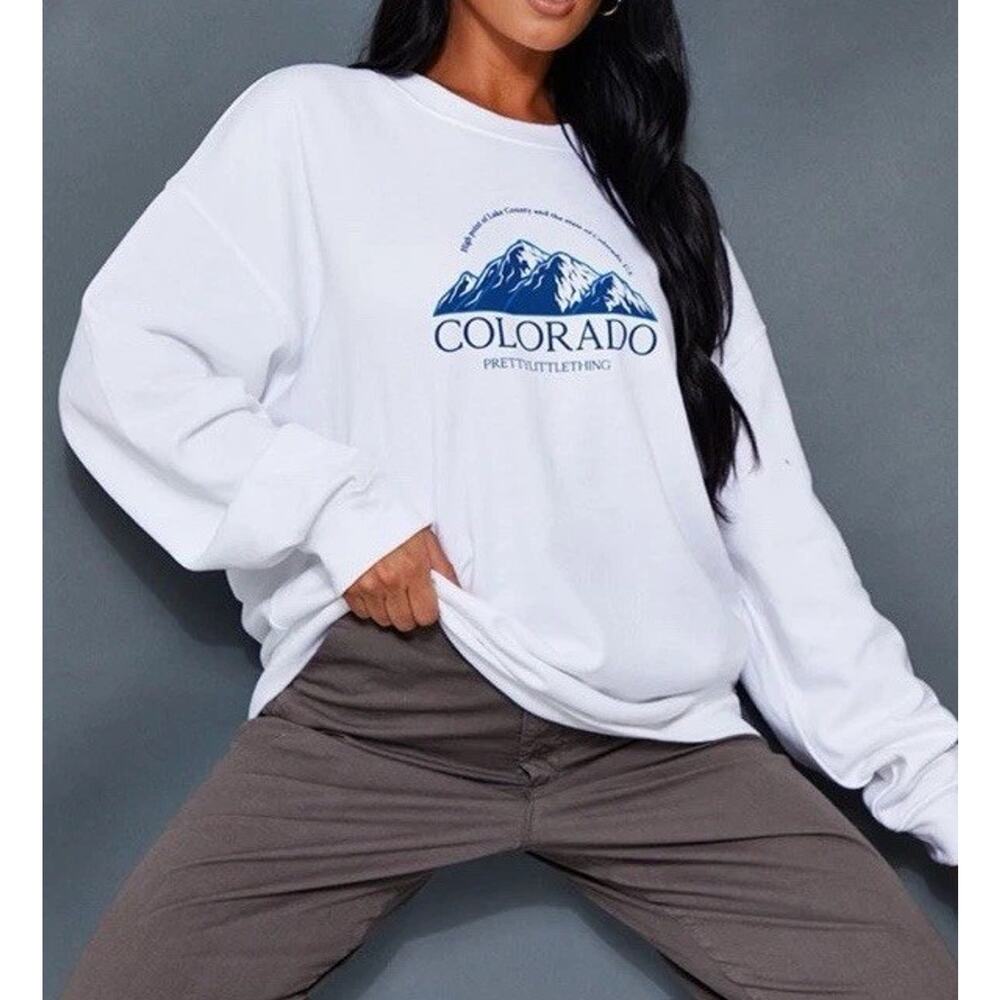 PrettyLittleThing PLT White Blue Colorado Print Sweatshirt Size Small NWT